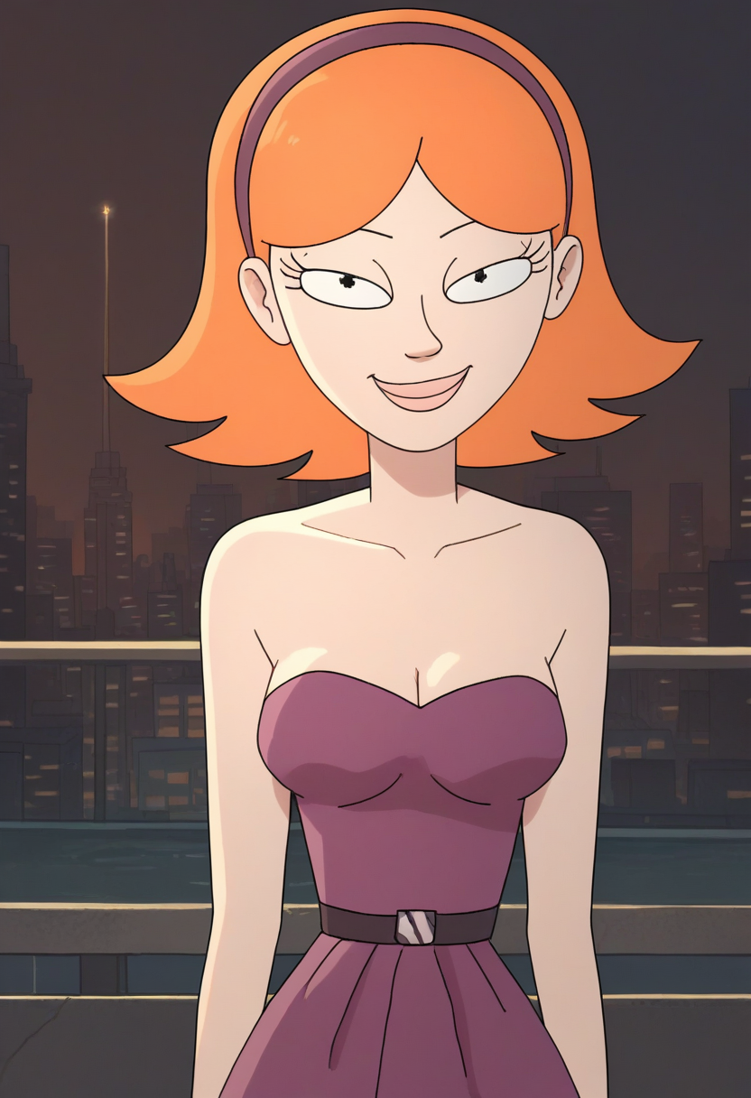 Jessica, 1girl, solo, hairband, orange hair,light smile,  cleavage, strapless dress, breasts, short hair, bare shoulders looking at viewer,smile,  score_9, score_8_up, score_7_up, score_6_up, score_5_up, score_4_up <lora:JessicaRMPony1.0:1.0>  zPDXL ,outdoors, city,