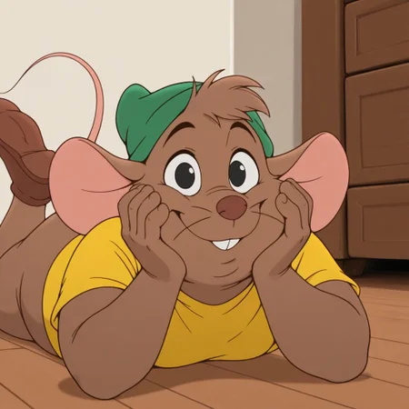 masterpiece, best quality, amazing quality, gusgus, male, furry male, solo, anthro, mouse, brown fur, short hair, black eyes, brown nose, whiskers, buck teeth, tail, chubby, green hat, yellow shirt, brown shoes, laying on stomach, on floor, cute smile, hands on face, looking at viewer, indoors, living room
