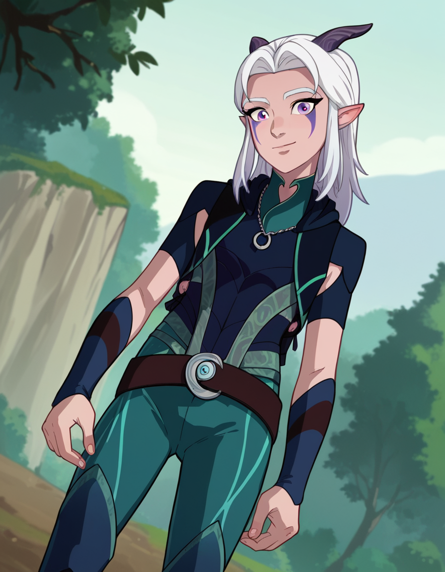 score_9, score_8_up, score_7_up, source_anime,
rayla, <lora:the-dragon-prince-rayla-ponyxl-lora-nochekaiser:1>,
rayla, long hair, white hair, horns, pointy ears, purple eyes,
boots, belt, bodysuit,
outdoors, nature, smile,
looking at viewer, dutch angle, cowboy shot,