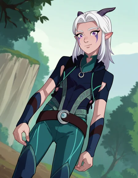 score_9, score_8_up, score_7_up, source_anime,
rayla, <lora:the-dragon-prince-rayla-ponyxl-lora-nochekaiser:1>,
rayla, long hair, white hair, horns, pointy ears, purple eyes,
boots, belt, bodysuit,
outdoors, nature, smile,
looking at viewer, dutch angle, cowboy shot,