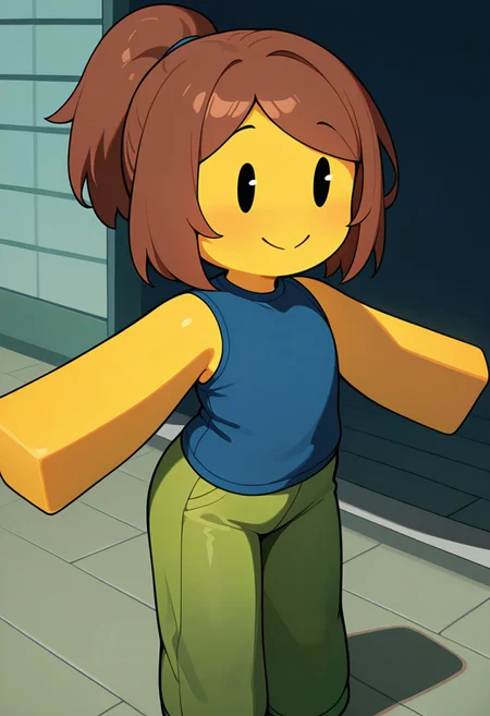 masterpiece, best quality, amazing quality, very aesthetic, absurdres, newest,
 straight arm, busty, ponytail, brown hair, 
noob, solo, smile, colored skin, yellow skin, 1girl, yellow block arms, green block legs, round head, , closed mouth, blue shirt, green pants, solid oval eyes, sleeveless,