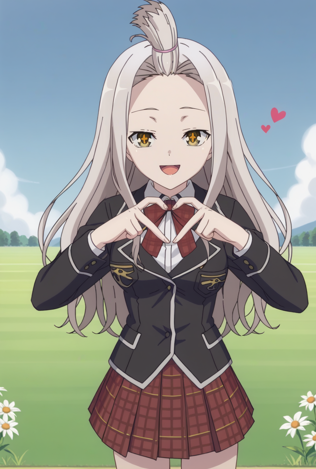 score_9, score_8_up, source_anime  BREAK solo, looking at viewer, cowboy shot,
 <lora:yuiPdxlDwnsty-000008:1>, yui def, yellow eyes, white hair, long hair, topknot, school uniform, white shirt, black jacket, plaid skirt, long sleeves, bowtie, heart fingers, heart hands, <lora:Heart_Fingers__Concept_Lora-000007:1>,
smile, open mouth, medium breasts, 
grass field, outdoors, flower, blue blue sky,