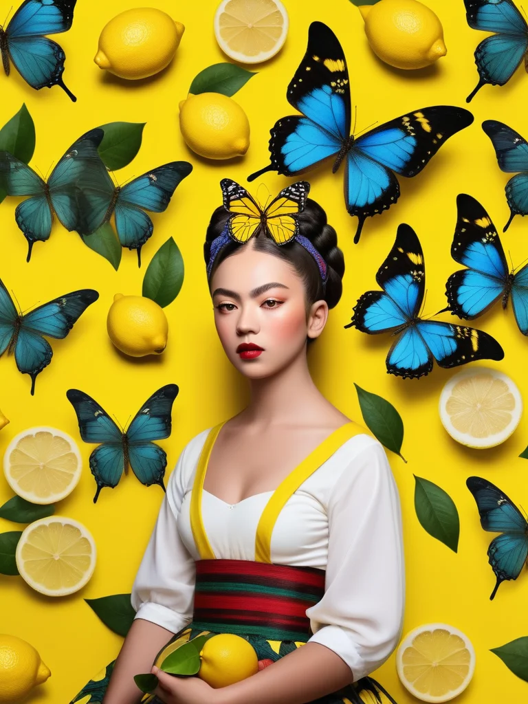 <lora:08SurealismArt_Hap_XL:1>, frida kahlo style, wl_lemons,a butterfly,