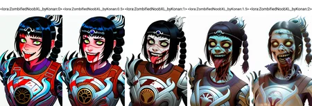 best quality, amazing quality, very aesthetic, absurdres,
BREAK
1girl, zombie, blood, tongue out, horror \(theme\),
solo, shadowheart, black hair, braided ponytail, green eyes, scar on face, circlet, armor,
smile, looking at viewer, upper body, simple background, white background, <lora:ShadowHeartIllustrious_byKonan:0.8>, <lora:ZombifiedNoobXL_byKonan:0>