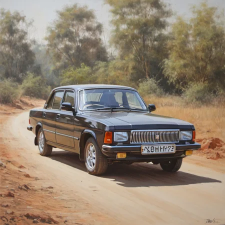 a painting of vaz_3102 on dusty road, large strokes <lora:gaz_3102_SDXL:0.8>