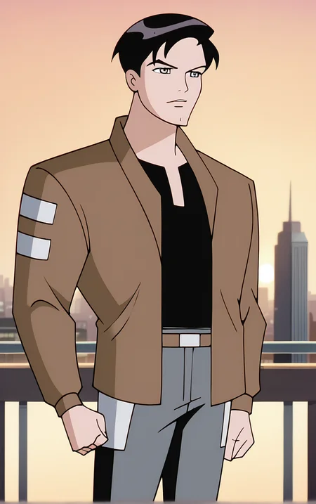 score_9, score_8_up, score_7_up, BREAK
BrownJacket_TerryMcGinnis_ownwaifu,
1boy, black hair, grey eyes, short hair, bangs,
bomber jacket, brown jacket, popped collar, black shirt, open jacket, long sleeves, belt, pants, grey pants, brown coat, collared shirt,
(contrapposto, hand on hip), sunset, sidelighting, cityscape, vanishing point, outdoors, depth of field, solo,
<lora:PONYXL_DC_BatManBeyond_TerryMcGinnis_ownwaifu_r1:0.9> , depth of field,
,