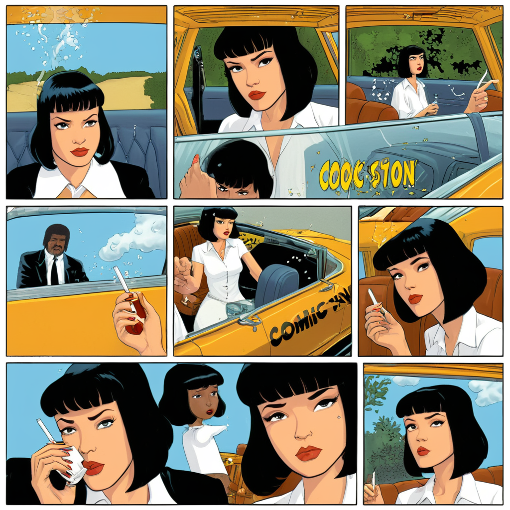comic book art of  <lora:comicbookpage style:0.9> comicbookpage style
 <lora:xl_more_art-full_v1:0.5>
 <lora:add-detail-xl:1>
 <lora:detailed:0.3>
<lora:perfection style:0.3>
a cartoon comic book strip page of
 <lora:Pulp Fiction style:1>Pulp Fiction style, comic art, graphic novel illustration