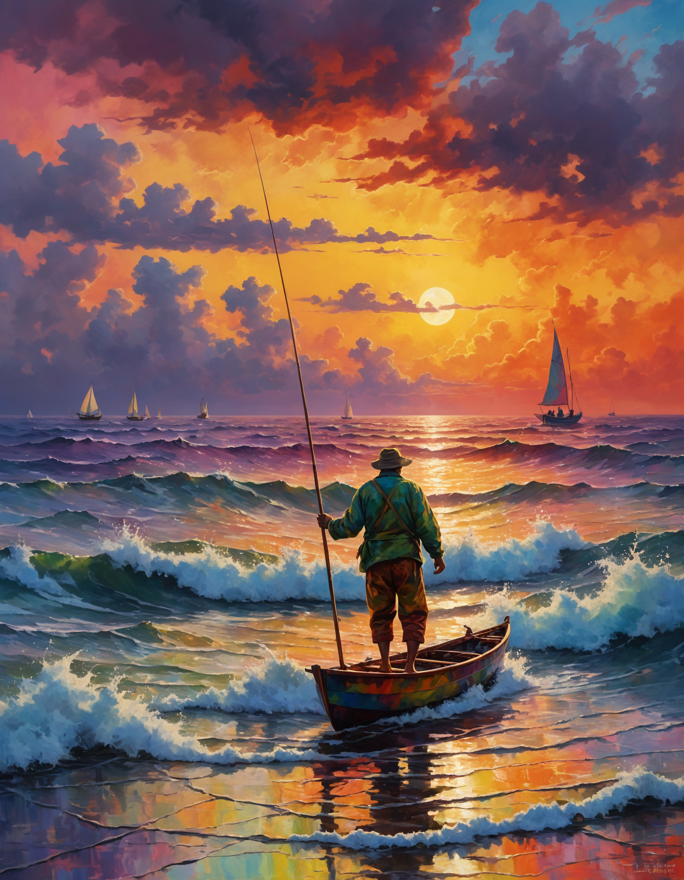 an impressionistic artwork LSD Trip an fisherman on open see in a stormy see ,colorful sky, undefined