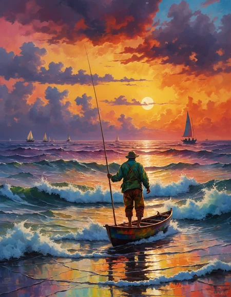 an impressionistic artwork LSD Trip an fisherman on open see in a stormy see ,colorful sky, undefined