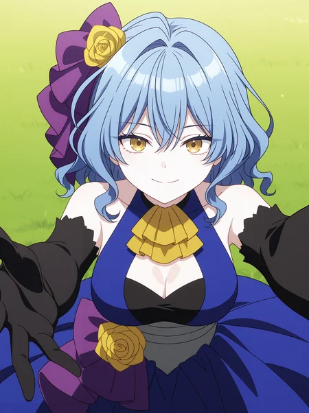 <lora:Millicent BLUENIGHT_v1.0_illustrious-000038:1>,
Millicent BLUENIGHT,gloves,solo,elbow gloves,dress,black gloves,cleavage,looking at viewer,ascot,reaching towards viewer,reaching,smile,sleeveless,rose,bare shoulders,outstretched arm,closed mouth,yellow rose,blue dress,medium breasts,purple bow,sleeveless dress,bow,clothing cutout,from above,outdoors,upper body,purple ribbon,grass,cleavage cutout