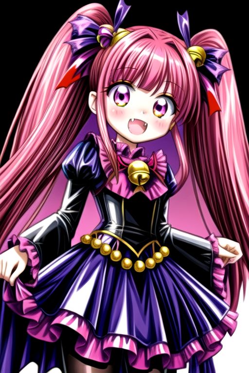 Bad_End_Precure, DarkPrecure, evil corrupted princess wearing dark pastel (ruffled:1) (gleaming latex:1) gown with (long latex vampire cloak:1) and (long frilly bell sleeves), soft lighting, ruffles, (cute fang:1.5)
(vmpr:1),
<lora:more_details:1>,