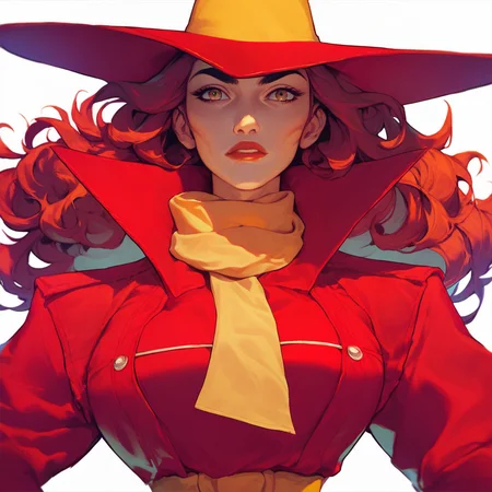 score_7_up, score_8_up, score_9, masterpiece, perfect face, high quality, source_anime, (1girl, solo,) carmensandiego, red overcoat, red hat, yellow hatband, yellow scarf, large breasts,