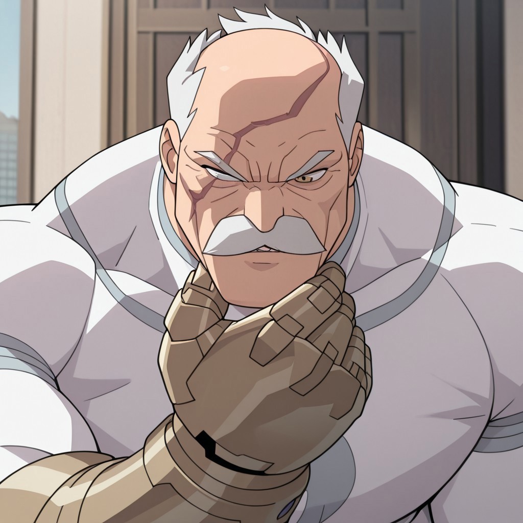 masterpiece, best quality, newest, absurdres, highres, anime, anime style, 1boy, Conquest-ISV-V1.0 old man, white hair, mustache, facial hair, scar, blind eye, single mechanical arm, eye focus, detailed eye,