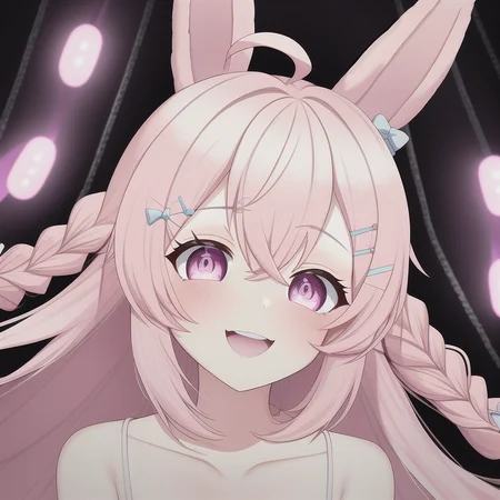 the photo of a 1girl, ahoge, animal_ears, bare_shoulders, blue_bow, bow, braid, collarbone, hair_bow, hair_ornament, hairclip, long_hair, open_mouth, pink_eyes, pink_hair, rabbit_ears, smile, solo, twin_braids, upper_body, virtual_youtuber, stage, stage lights, microphone, holding microphone, pipkin pippa