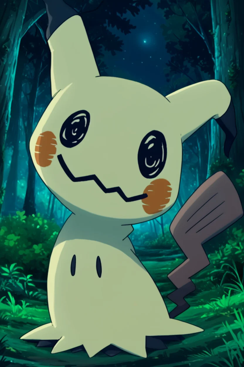score_9, score_8_up, score_8, no humans, BREAK, , zzMimikyu, solo, pokemon (creature), no humans, animal focus, mimikyu, full body, standing, outdoors, grass, black eyes, tree, nature, forest, night, <lora:Mimikyu_Pokemon_PDXL:0.8>,, BREAK, smile, looking at viewer, cowboy shot, ,,, embedding:zPDXL, <lora:theButcherXPDXL:0.8>,