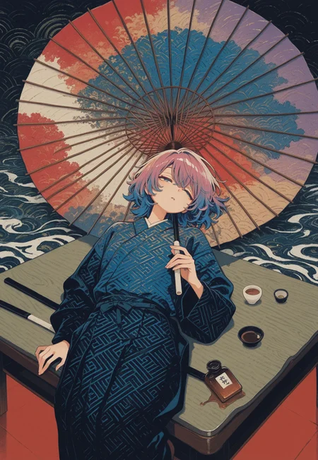 sayagata theme, sayagata pattern, ultraviolet, high contrast, angled inset, double_exposure, [loaded_interior],
androgynous, solo, sleepy, lying, on back, (holding up oil-paper_umbrella, colorful umbrella), on table, (when_you_see_it:1.5), stacked tables,
(k4_illu), traditional media, scan, painting_(medium), abstract,
masterpiece, best quality, absurdres, [dynamic pose]