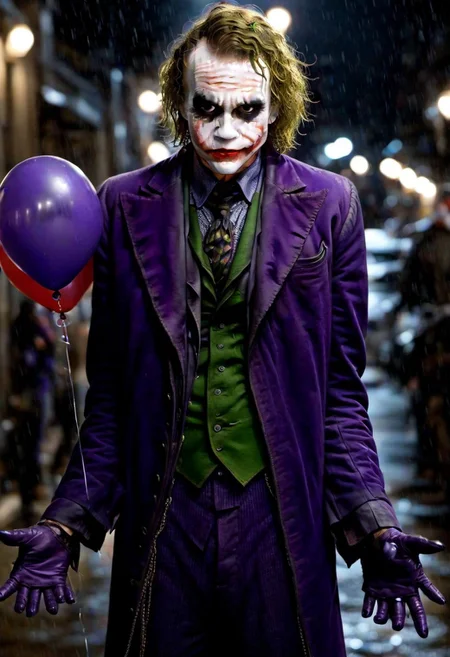 <lora:PE_Joker_DarkKnight:0.8> PEJoker, joker,
holding a bunch of balloons, heary rain, street, at night,
masterpiece, high resolution, octance 4k, high detail,
professional photo, cinematic,