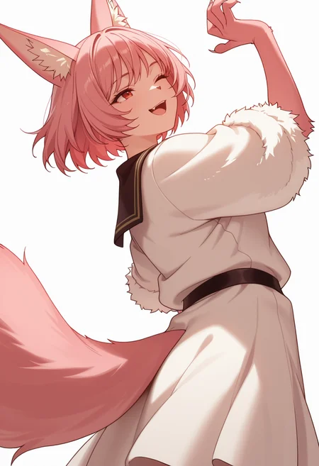 Smooth Quality,masterpiece,very intricate, high quality details, ultra realistic, high detailed skin,detailed enviorement,absurdres,
simple background, white background, dancing, solo,from below,
<lora:Til_CNR:0.8> til_cnr, 1girl,pink hair, short hair, bangs, red eyes, animal ears, fox ears, animal ear fluff, fox tail, furry female, animal hands, claws,, crazy smile,, ;o,, sailor shirt, ,fur coat, ,tulip skirt, ,