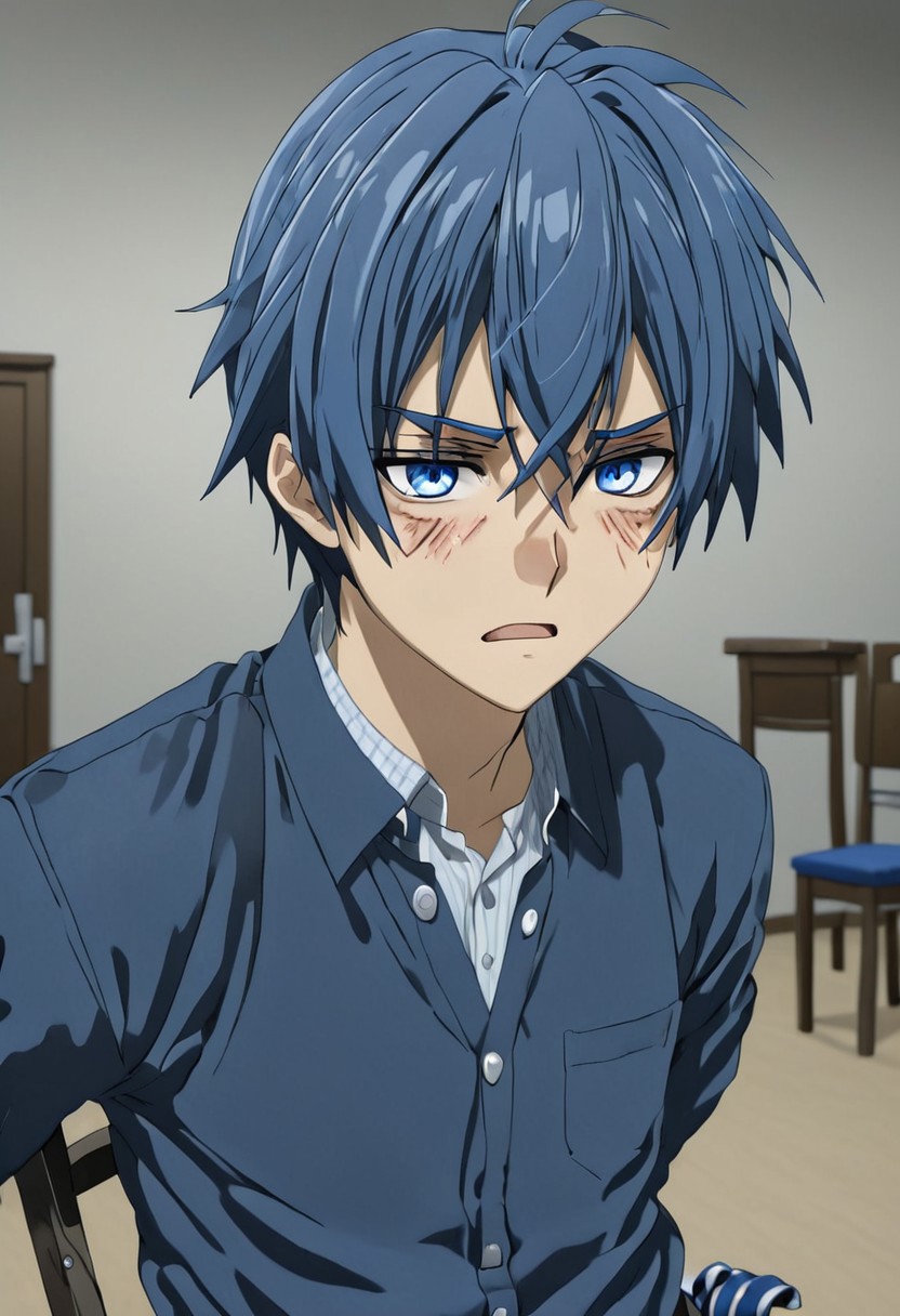 high resolution, solo, best quality, 1Boy, Tomoya Okazaki, Grey Blue Hair, blue eyes, Tied to chair, grimacing, restrained, pained,
