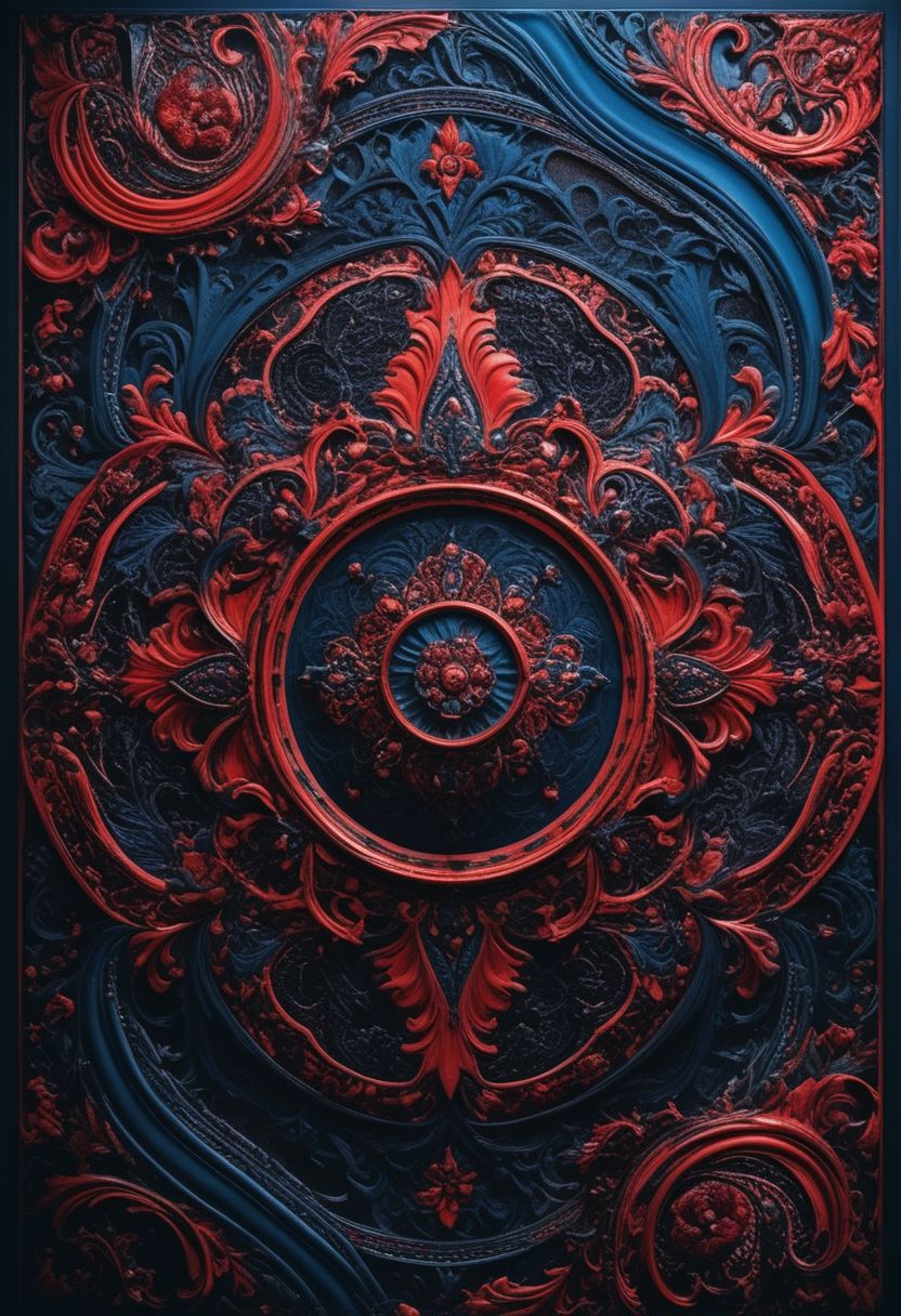 photo of a paisley pattern, official art, aesthetic, dynamic angle, hyper detailed, order and chaos, dark colors, (extremely detailed, intricate details, masterpiece, best quality, 8k wallpaper:1.4), dramatic lighting, (dark blue and madder red palette:1.2), boteh, paisley, navy blue, madder red, almond
