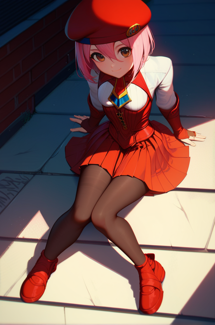 score_9, score_8_up, score_7_up, very aesthetic, source_anime, masterpiece, detailed, high quality, detailed, beautiful, masterpiece, 
light smile, sitting, city view, street view, daylight, dynamic angle,
<lora:momox3_autismConfetti_v01:0.95>m.o.m.o., pink hair, short hair, brown eyes, pantyhose, pleated dress, red dress, underbust, white shirt, long sleeves, single sidelock, bridal gauntlets, red footwear, beret, red headwear, hair between eyes, bangs, small breasts, zPDXL