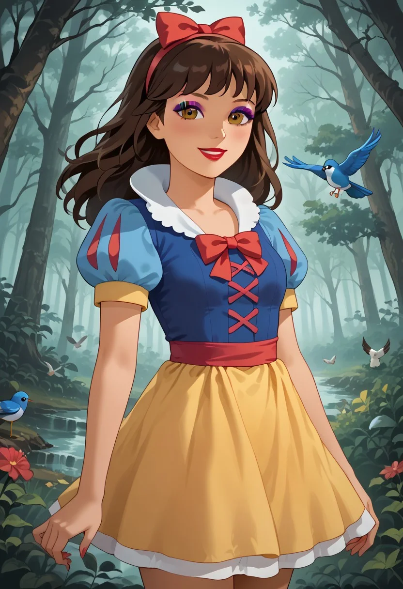score_9, score_8_up, score_7_up, 1girl, solo, dora_af, (adult body:1.2), adult face, perfect eyes, slim body, mediunm perky breasts, small butt, narrow waist, narrow hips, dark-skinned female, brown hair, long hair, , makeup, eyeshadow, eyeliner, lipstick, shy smile, snow white cosplay, snow white (disney) (cosplay), cosplay, dress, hair bow, puff and slash sleeves, puffy short sleeves, puffy sleeves, red bow, short sleeves, skirt, yellow skirt, posing sensually, forest, animals around, birds flying.