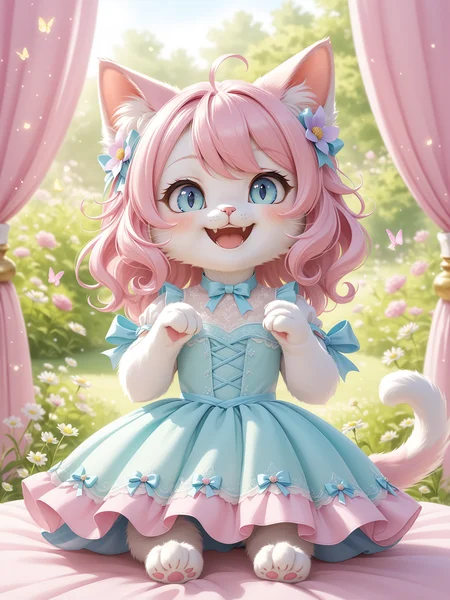 chibi pastel-colored cat character, beautiful hair, furry female, beautiful dress, soft pastel background, dreamy setting, gentle lighting, whimsical, playful, detailed, high contrast, hyper-realistic, charming, joyful, imaginative, high-definition, soft focus, light-hearted, cute atmosphere, BREAK
no humans, ojou-sama pose, half-closed eyes, grin,