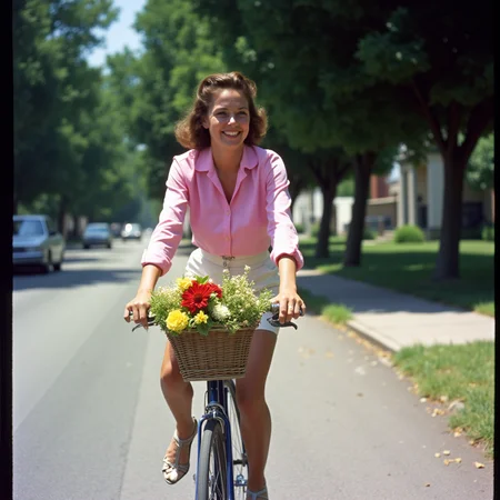 <lora:Technicolor style v2:1> Technicolor style
In the 1950's a woman riding a bike with a basket of flowers,1girl,solo,looking at viewer,smile,shirt,full body,flower,outdoors,shorts,teeth,high heels,tree,ground vehicle,pink shirt,white shorts,realistic,road,street,bicycle,photo background , vivid color, cinematic look, film look, filmic, contrast, detailed, high quality, sharp image, film color, Kodak, Motion Picture, Film style, different color, vivid color, different people, different look, different style, 35MM Film, 16MM Film, Photographic film, artistic style, cinematic style, film granularity, film noise, image noise, artistic effect, Fujicolor, Fuji film, Analog photography, movie style, movie still, Film grain overlay, Film Grain style, Technicolor style