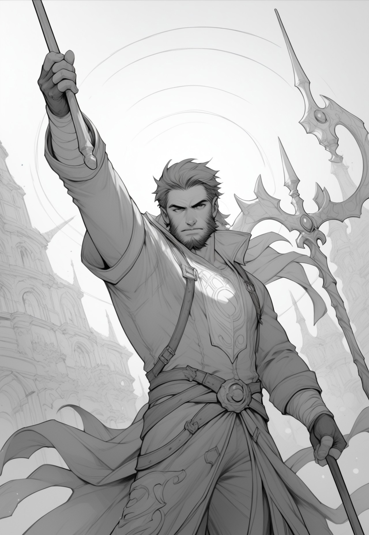 PonyXLV6_Scores ,  SUP3RH3R0 Style, monochrome, greyscale, 1boy, male focus, holding, facial hair, gloves, weapon, beard, staff, fingerless gloves, solo, holding weapon, holding staff, comic art style