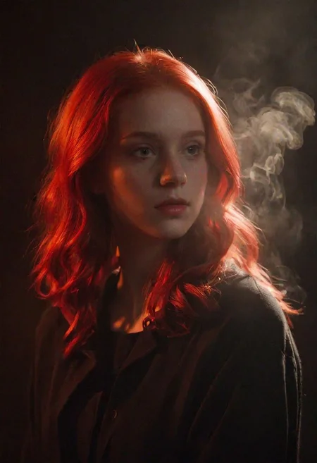 1girl, red hair, Rembrandt Lighting Style, low light, darkness, (smoke:0.6),  RBW-XL, dvr-trd art by alexeyegorov