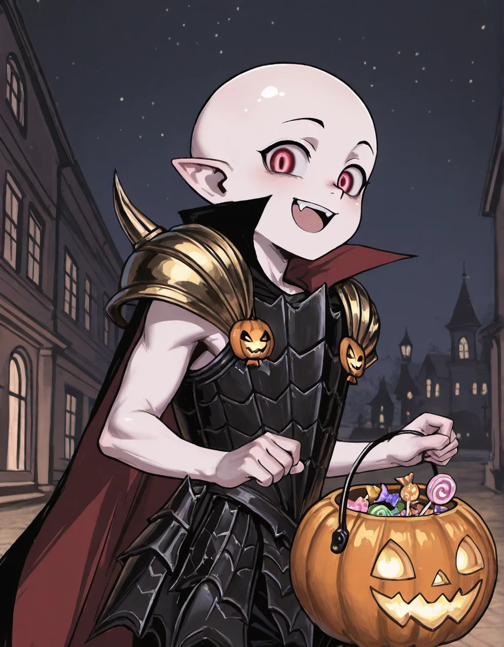 (2D,masterpiece,best quality,amazing quality,very aesthetic,high resolution,looking at viewer,ultra-detailed,1 boy,solo,source_anime,cute,lovely,Halloween,night),Mannfred von Carstein,vampire,bare arms,black armor,gold shoulder armor,cape,shine bald,pale skin,glowing red eyes,short_pointy_ears,spike,fang,open mouth,smile,jack-o'-lantern ornament,jack-o'-lantern bucket with candy,<lora:Mannfred_von_Carstein:1>, <lora:ValbunStyle-IL:0.4>