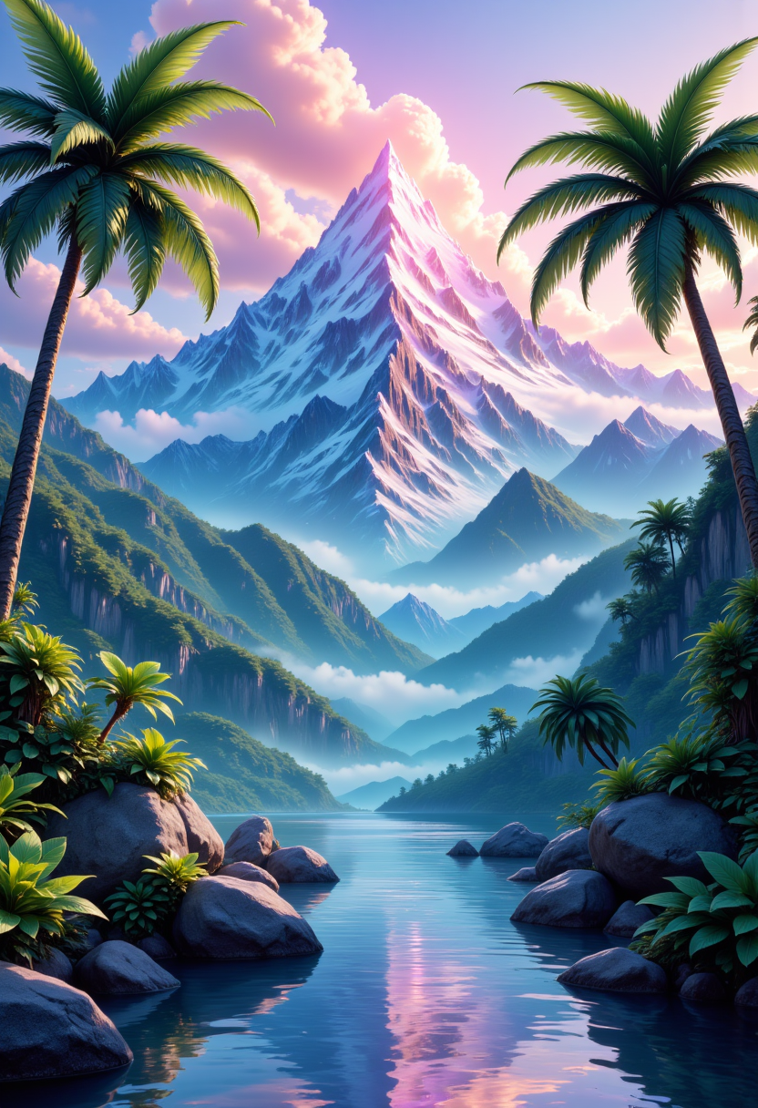 vibrant, digital illustration depicting a tropical paradise. The scene is dominated by a majestic, snow-capped mountain range with sharp peaks and lush, green slopes. The mountain is illuminated by a rainbow of colors, including pink, purple, blue, and green, which create a stunning, ethereal effect. The sky is a gradient of soft pastel colors, transitioning from a light blue at the top to a deeper, darker blue near the horizon. The sky is filled with fluffy, white clouds that cast soft shadows on the mountains.

In the foreground, there are two palm trees with long, slender fronds, adding to the tropical ambiance. The trees are positioned on either side of the image, with one leaning slightly to the left and the other to the right. The ground is covered in dense, green foliage, and there are several large rocks scattered around the base of the mountain, creating a sense of depth and texture.

A tranquil, reflective body of water is situated at the bottom of the image, reflecting the surrounding scenery and adding a serene quality to the scene. The water is a clear blue, with small ripples indicating movement. The overall style of the illustration is highly detailed and realistic, with a focus on vibrant colors and lush, tropical elements