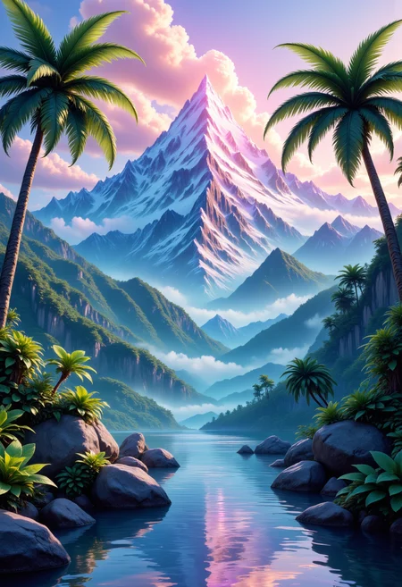 vibrant, digital illustration depicting a tropical paradise. The scene is dominated by a majestic, snow-capped mountain range with sharp peaks and lush, green slopes. The mountain is illuminated by a rainbow of colors, including pink, purple, blue, and green, which create a stunning, ethereal effect. The sky is a gradient of soft pastel colors, transitioning from a light blue at the top to a deeper, darker blue near the horizon. The sky is filled with fluffy, white clouds that cast soft shadows on the mountains.
In the foreground, there are two palm trees with long, slender fronds, adding to the tropical ambiance. The trees are positioned on either side of the image, with one leaning slightly to the left and the other to the right. The ground is covered in dense, green foliage, and there are several large rocks scattered around the base of the mountain, creating a sense of depth and texture.
A tranquil, reflective body of water is situated at the bottom of the image, reflecting the surrounding scenery and adding a serene quality to the scene. The water is a clear blue, with small ripples indicating movement. The overall style of the illustration is highly detailed and realistic, with a focus on vibrant colors and lush, tropical elements
