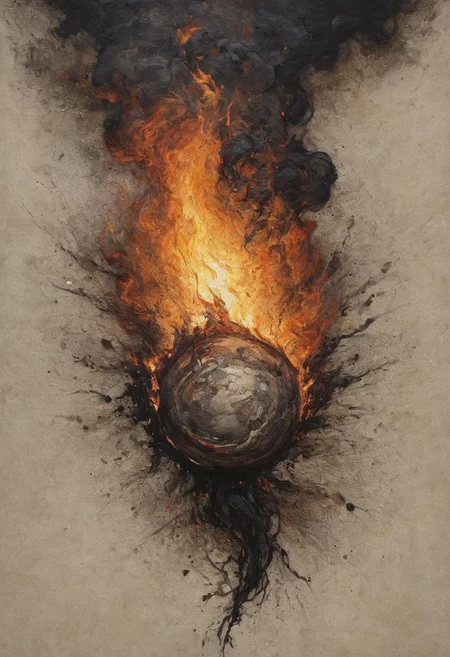 when the fire and air and water and earth unite, (best quality, masterpiece), award winning, linquivera, soft lines, ink painting, dark art, extremely detailed, ultra-realistic