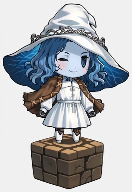 score_9, score_8_up, score_7_up, source_anime, 1girl, solo, smile
<lora:zs_PictlogicaStyleXL:1> ffpictlogicastyle, chibi, full body, faux figurine, white background
<lora:Ranni_pdxl_Incrs_v2:1> IncrsRnnThWtch, blue eyes, one eye closed, blue hair, wavy hair, 4 arms, multiple faces, blue skin, colored skin, cracked skin, doll joints, witch hat, white headwear, white dress, long sleeves, fur cloak, brown cloak