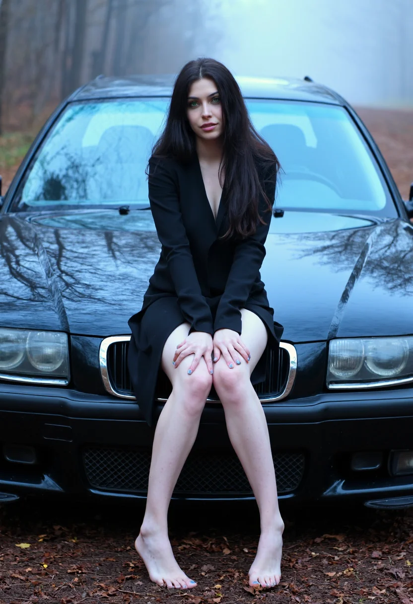 beautiful woman, posing, fashion, sitting on a bmw hood, dark long hair, model, green eyes, barefoot, feet, toe nails, blue light, fog, forest , back woods. amateurish quality, overexposed light