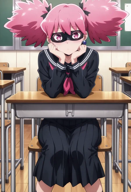 masterpiece, best quality,  absurdres, highres, cinematic light, 1girl, newest,  <lora:anime_screencap-Illustrious:1> anime screencap, anime coloring, colorful,  <lora:pop_step:1> popstepwz, pink hair, twintails, pink eyes, medium breasts, ball earrings, domino mask, eye mask, school uniform, black serafuku, black skirt, long skirt, pleated skirt, sitting,  school chair, school desk, classroom, looking at viewer, hand on own cheek, light blush, safe