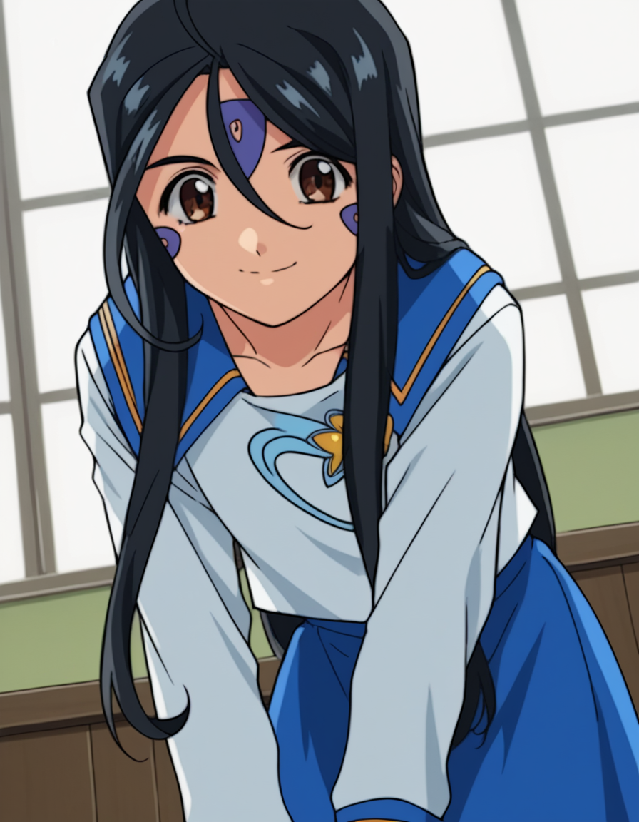 score_9, score_8_up, score_7_up, source_anime,
skuld, <lora:skuld-s2-ponyxl-lora-nochekaiser:1>,
skuld, long hair, black hair, ahoge, facial mark, hair between eyes, brown eyes,
school uniform, serafuku, sailor collar, blue sailor collar, skirt, blue skirt, long sleeves,
indoors, bent over, smile,
cowboy shot, solo, dutch angle, looking at viewer,
