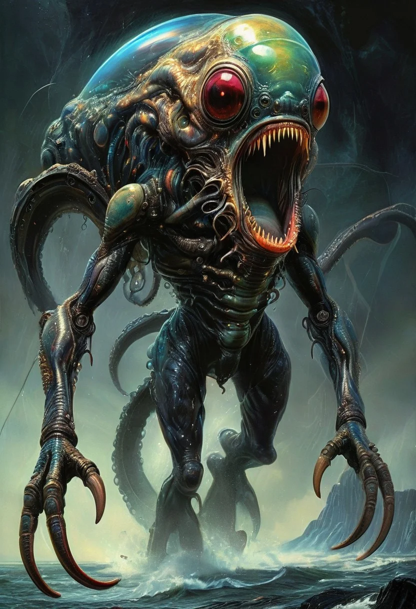 Rembrandt realistic oil painting, retro artstyle, score_9, score_8_up, score_9_up, very detailed, ultra realistic, (best quality) very detailed masterpiece, full body picture of a futuristic squid-like alien creature in front of an alien mount, big mouth with big fangs, iridescent skin, very dark background, very dramatic lighting, much shadow, low saturation, full body, realistic realistic, realism, photo realistic oil painting, photo realistic painting