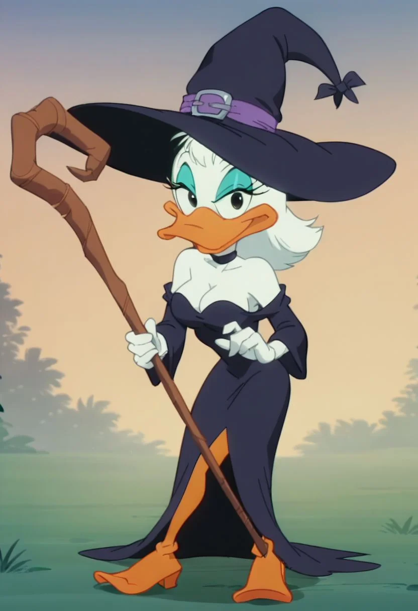 (source_furry, source_cartoon, score_9, score_8_up, score_7_up:1), screencap, solo female, 1girl, duck, looking at viewer, cleavage, dress, witch hat, staff