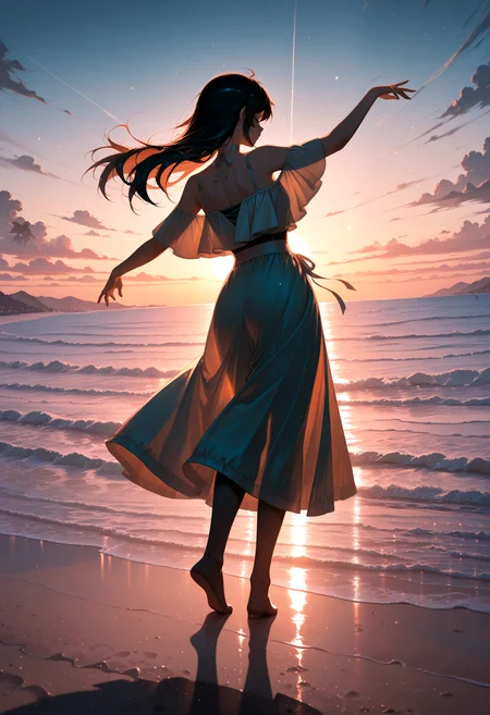 lazympos, very aesthetic, absurdres, highres, newest, 2024, HDR, 8K, high detailed,
1gailr, solo, silhouette, backlighting ,beach, dusk, dancing, rim light, guangying, depth of field,