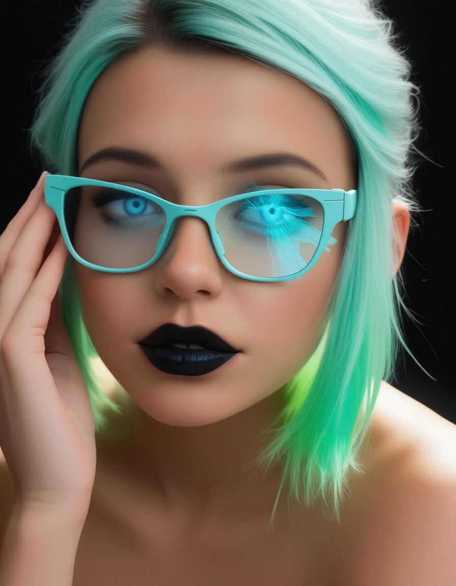 Stable_Yogis_Illustrious_Positives Incredible background, extreme closeup of Stunning female cyberpunk hacker, straight-cut two-tone hair, black with neon green highlights pop culture glasses, dark eye-shadow, black lipstick, looking at an unseen computer screen, her glasses reflecting neon blue mirrored, reversed ASCII analog text on a black background, Perfect Composition, realistic photographic image, RAW photo highest quality, perfect directional lighting, incredible cover photo, best background