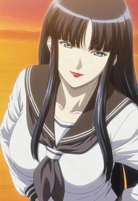 score_9, score_8_up, score_7_up, score_6_up, source_anime, 1girl, solo, female_focus, Reika_(Mashou no Kao /Two Facials of Eve/Nymphomania), sidelocks, very long hair, pale skin, hime cut, lipstick, collarbone, lips, large breasts, red lips, bangs, serafuku, blue eyes, black hair, makeup, school uniform, blunt bangs, right hand on hips, ((((((full_body)))))), smile, seductive gaze, looking at viewer, cowboy shot, ((outdoors, sunset)), Stable_Yogis_SD1.5_Positives, (masterpiece), (best quality), ((((dynamic pose)))), (anime screencap, anime coloring), (perfect anatomy), (best illustration), (best shadow),(absurdres),((((detailed background)))), ((((very aesthetic))))