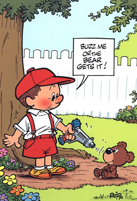 A bande dessinee style image of a young boy and cute small brown teddy bear next to a tree in a cozy garden. He is wearing a red cap, a white shirt and red suspenders over shorts, accessorized with yellow shoes. He has rosy cheeks and an angry expression. His hands are in their holding a water pistol aimed at the teddy bear and he is looking at the camera. In the garden, there are colorful flowers and a white fench in the background. The boy is really small. There is a speech bubble next to his head with the text "Buzz me or the bear gets it"
