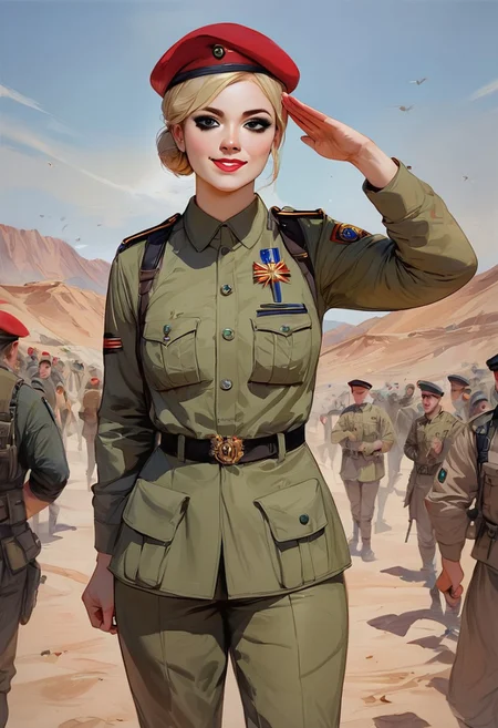 source_anime, rating_explicit, score_9, score_8_up, score_7_up, score_6_up, realistic, outdoors, desert, crowd, 1girl, blonde hair, hair bun, age 20, army uniform, red beret hat, makeup, mascara, lipstick, smile, front view, look at viewer, standing, salute,