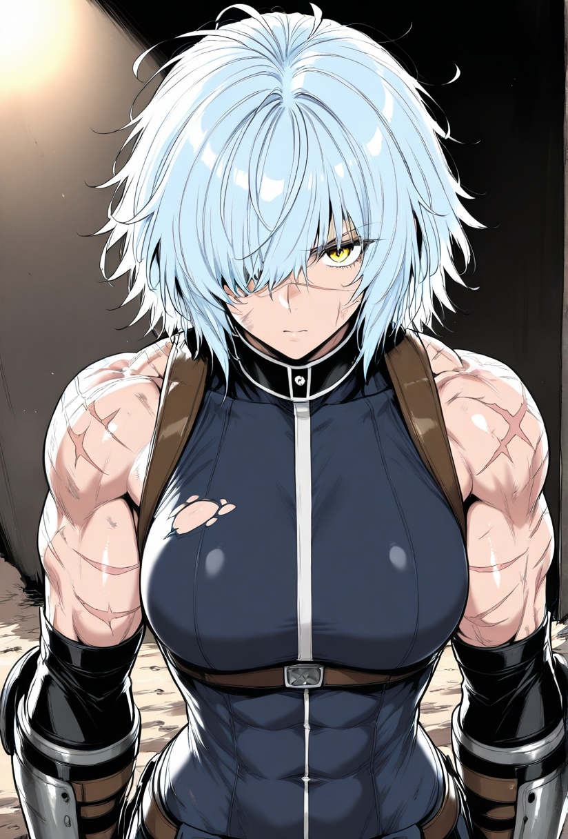 (masterpiece, best quality, ultra-detailed:1.4),
solo,1girl, (light blue hair:1.3), short messy hair, bangs,
(yellow eyes:1.5), (battle-worn expression:1.3), (scar over one eye:1.5), (intimidating aura:1.3),
(hair covering one eye:1.5), (bangs covering left eye:1.4), (left eye obscured by hair:1.4), (hair over eye:1.3),
(battle-hardened:1.4), (war veteran:1.3), (many scars:1.3), (visible wounds:1.2), (weathered face:1.2), (dirt and grime:1.2),
(toned arms:0.6), (muscle tension visible:0.3), (slim but athletic build:1.1), (strong female warrior:1.1), mercenary warrior
(dynamic lighting:1.3), (gritty, rough textures:1.2), black color topper
looking at viewer, (hair slightly messy:1.2), (torn and worn-out fighter outfit:1.2),
 <lora:VioletV2:1>