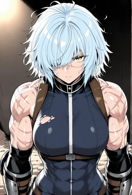 (masterpiece, best quality, ultra-detailed:1.4),
solo,1girl, (light blue hair:1.3), short messy hair, bangs,
(yellow eyes:1.5), (battle-worn expression:1.3), (scar over one eye:1.5), (intimidating aura:1.3),
(hair covering one eye:1.5), (bangs covering left eye:1.4), (left eye obscured by hair:1.4), (hair over eye:1.3),
(battle-hardened:1.4), (war veteran:1.3), (many scars:1.3), (visible wounds:1.2), (weathered face:1.2), (dirt and grime:1.2),
(toned arms:0.6), (muscle tension visible:0.3), (slim but athletic build:1.1), (strong female warrior:1.1), mercenary warrior
(dynamic lighting:1.3), (gritty, rough textures:1.2), black color topper
looking at viewer, (hair slightly messy:1.2), (torn and worn-out fighter outfit:1.2),
<lora:VioletV2:1>