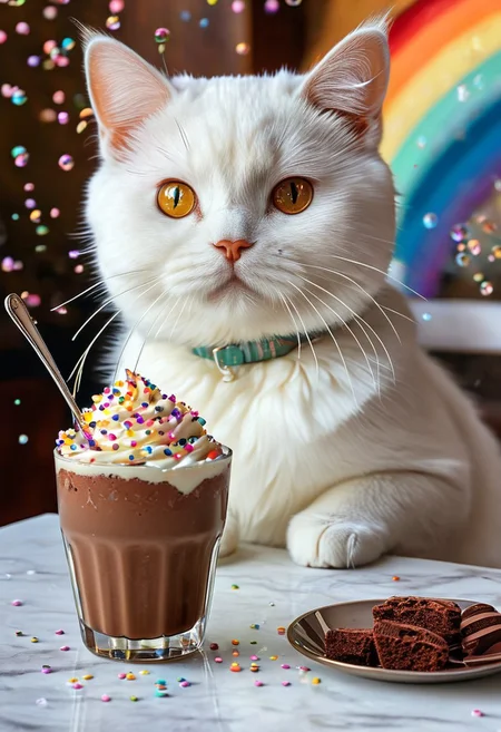 a martini glass of chocolate ice cream with whiskers, sits on a table, the milkshake has a cute white cat face, chocolate eyes, uplifting atmosphere with bubbles,
rainbows and sprinkles,