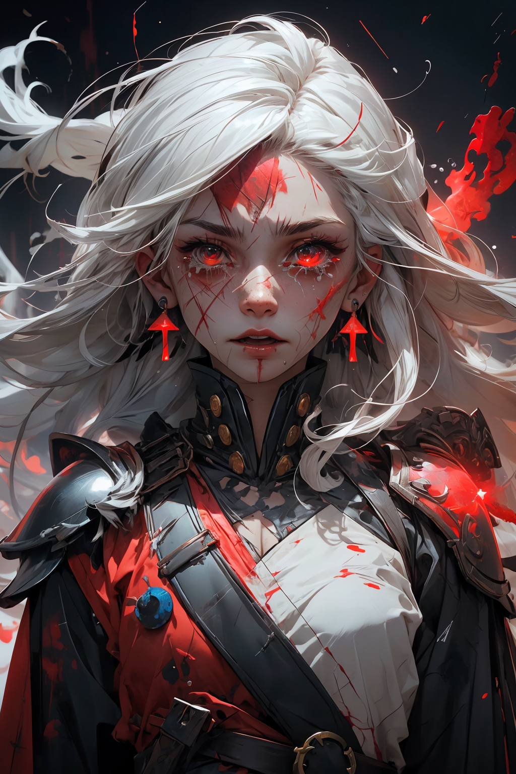 white hair, long hair, freckles, earrings, 
(upper body:1.1), (particles:1.2), (sparkles:1.1), flames, (tears:1.3), (crying:1.2), (wet face:1.1), 
(torn clothes:1.2), abstract, (red lighting:1.2), knight armor, armor, (bloody face:1.2), (blood:1.1), (scars:1.5), 
<lora:more_details:0.3>
 <lora:Cosmic anime-oil fusion v2:0.3> 
<lora:AnimeVibesV3:0.25> animevibes, 
<lora:3DMM_V11:0.35> 3DMM 
<lora:midjourney_20230624181825:0.35> midjourney ,
 <lora:LAS:0.4> (colorful:1.1), 
<lora:msw_locon-t2:0.3>
 <lora:wuxia2:0.4> gu, shiny, shiny hair, shiny skin, shiny clothes