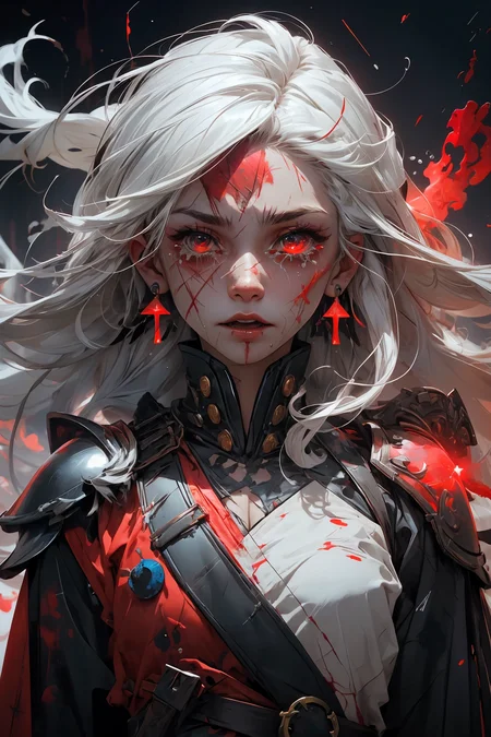 white hair, long hair, freckles, earrings,
(upper body:1.1), (particles:1.2), (sparkles:1.1), flames, (tears:1.3), (crying:1.2), (wet face:1.1),
(torn clothes:1.2), abstract, (red lighting:1.2), knight armor, armor, (bloody face:1.2), (blood:1.1), (scars:1.5),
<lora:more_details:0.3>
<lora:Cosmic anime-oil fusion v2:0.3>
<lora:AnimeVibesV3:0.25> animevibes,
<lora:3DMM_V11:0.35> 3DMM
<lora:midjourney_20230624181825:0.35> midjourney ,
<lora:LAS:0.4> (colorful:1.1),
<lora:msw_locon-t2:0.3>
<lora:wuxia2:0.4> gu, shiny, shiny hair, shiny skin, shiny clothes